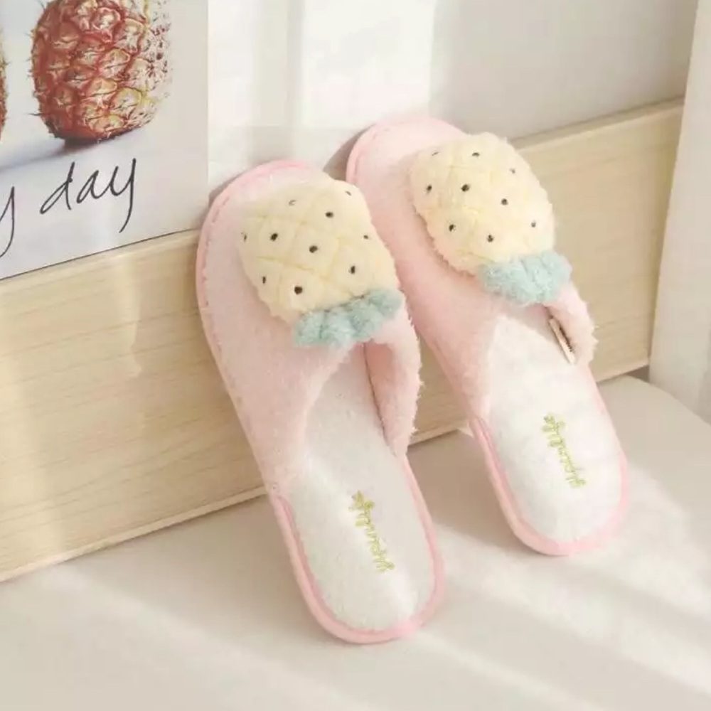 Pineapple Plush Pink Slippers pink fuzzy yellow fruit
